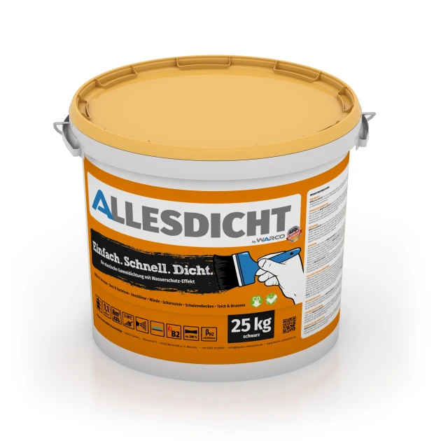 ALLESDICHT – Impermeabilización de balcón & terraza von WARCO im Farbdesign Negro mit den Abmessungen 25 kg | 7,6 m². Produktfoto von Artikel 0024 in der Aufsicht von schräg vorne.
