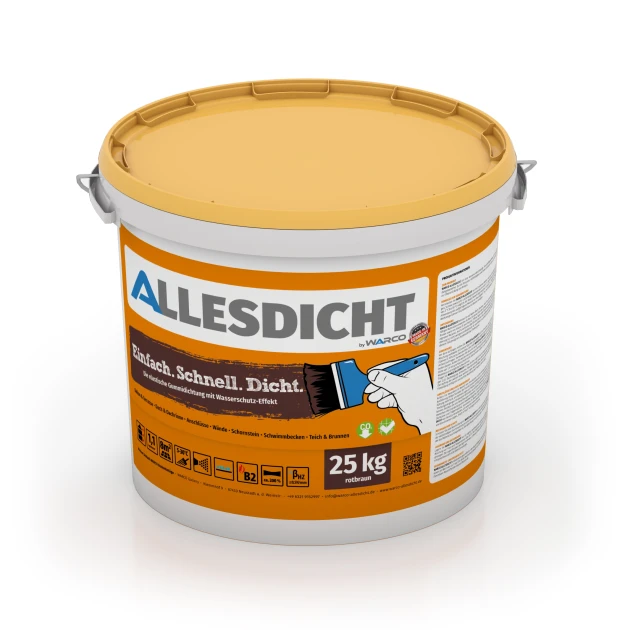 ALLESDICHT – Impermeabilización de balcón & terraza von WARCO im Farbdesign marrón rojizo mit den Abmessungen 25 kg | 7,6 m². Produktfoto von Artikel 0025 in der Aufsicht von schräg vorne.