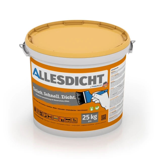 ALLESDICHT – Impermeabilización de balcón & terraza von WARCO im Farbdesign Gris mit den Abmessungen 25 kg | 7,6 m². Produktfoto von Artikel 0026 in der Aufsicht von schräg vorne.