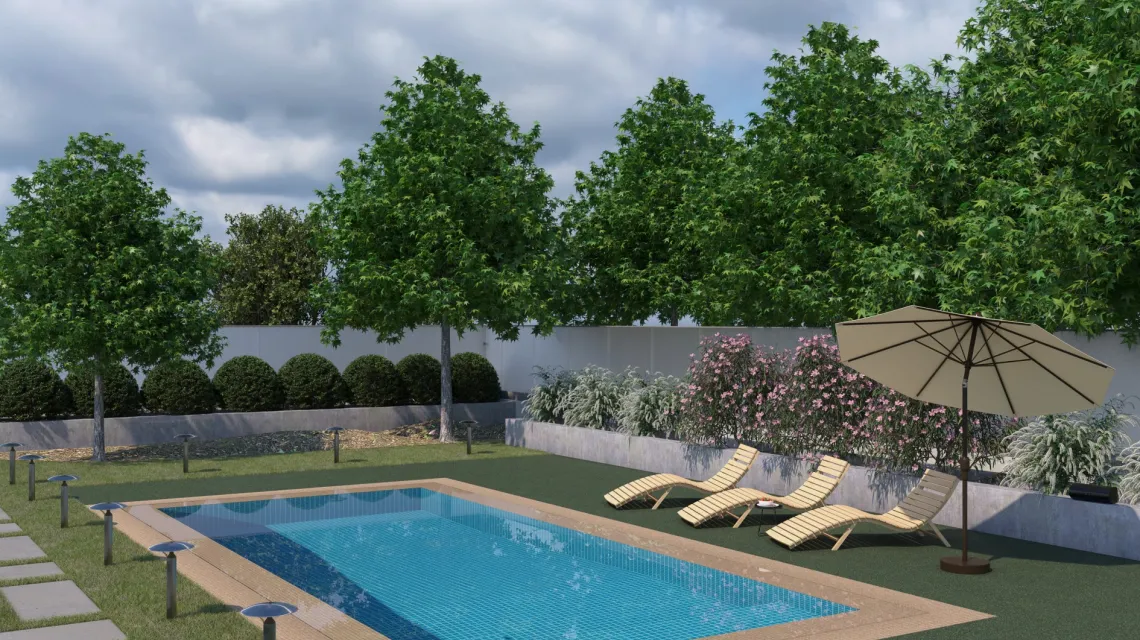 Beispielhafte Verlegung für den Artikel 2728 von WARCO - Baldosa borde piscina, Farbton Césped inglés in der Abmessung 500 x 500 x 30 mm.