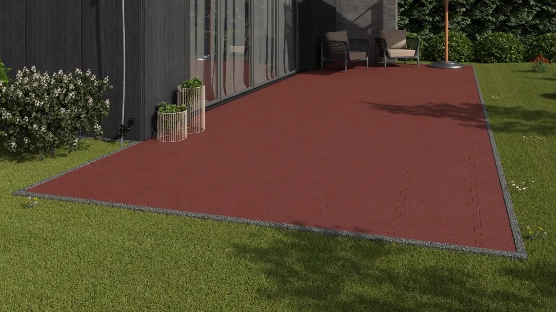 Beispielhafte Verlegung für den Artikel 2774 von WARCO - Baldosa para terraza, Farbton Rojo ladrillo in der Abmessung 500 x 500 x 30 mm.