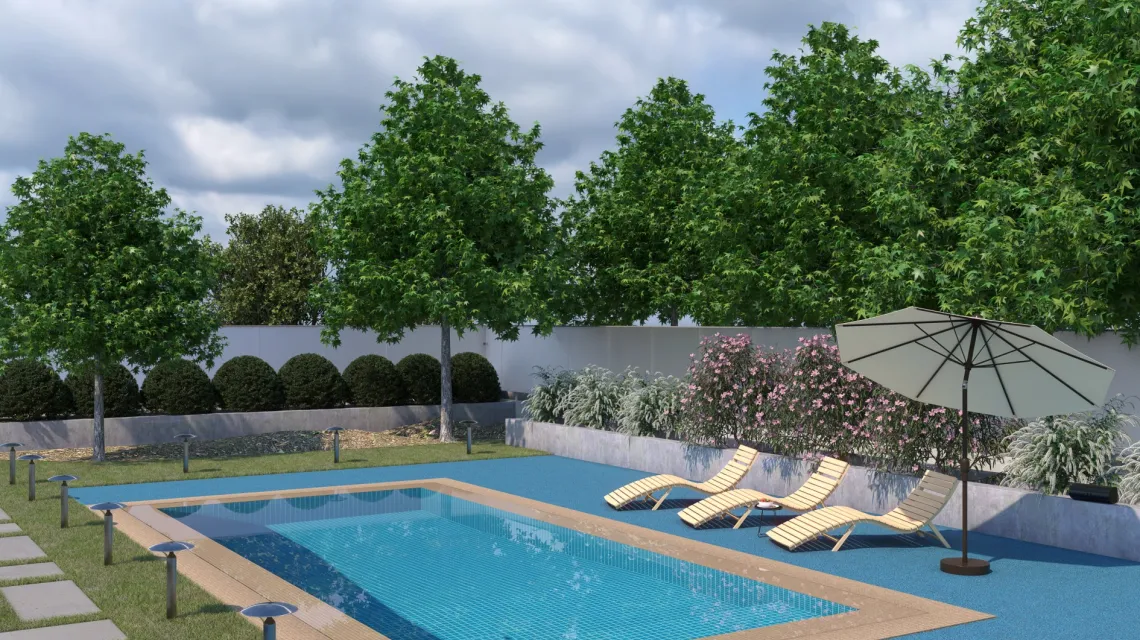 Beispielhafte Verlegung für den Artikel 3858 von WARCO - Baldosa borde piscina sin juntas, Farbton Atlántico in der Abmessung 306 x 306 x 20 mm.