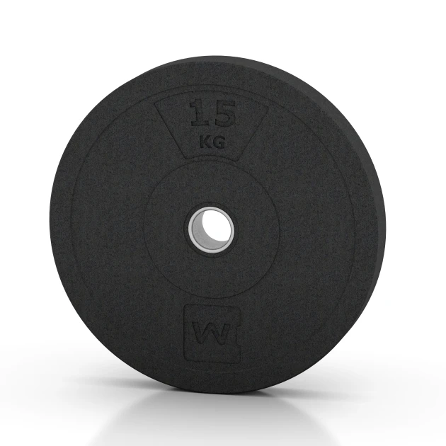 Bumper Plate Slim von WARCO im Farbdesign Antracita mit den Abmessungen 15 kg | ø 45,4 x 5,85 cm. Produktfoto von Artikel 6088 in der Aufsicht von schräg vorne.
