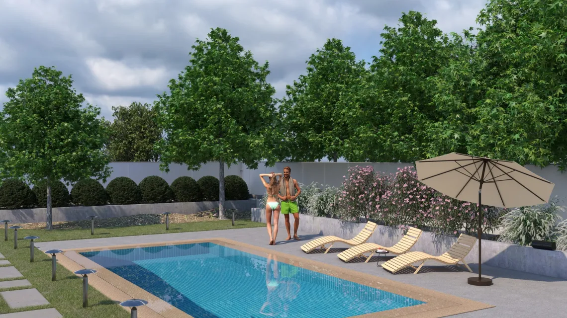 Beispielhafte Verlegung für den Artikel 5227 von WARCO - Baldosa borde piscina sin juntas, Farbton Gris jaspeado in der Abmessung 306 x 306 x 30 mm.