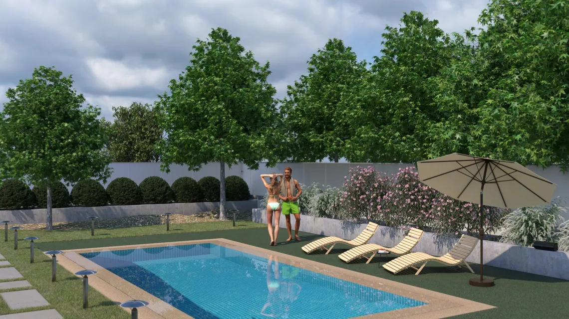 Beispielhafte Verlegung für den Artikel 5228 von WARCO - Baldosa borde piscina sin juntas, Farbton Césped inglés in der Abmessung 306 x 306 x 30 mm.
