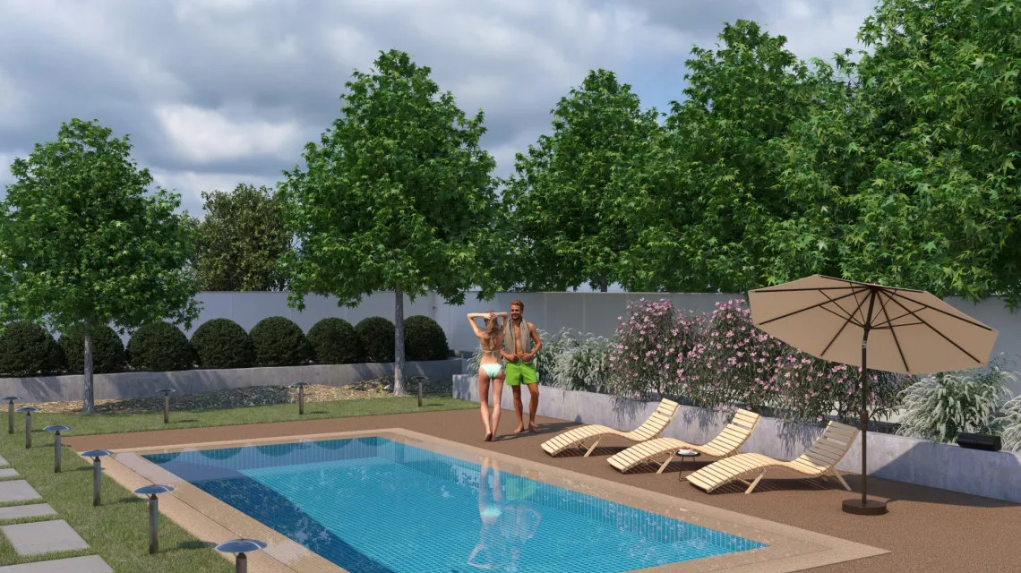 Beispielhafte Verlegung für den Artikel 5229 von WARCO - Baldosa borde piscina sin juntas, Farbton Café con leche in der Abmessung 306 x 306 x 30 mm.