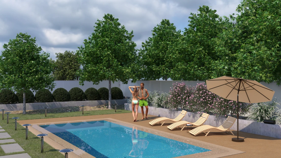 Beispielhafte Verlegung für den Artikel 5235 von WARCO - Baldosa borde piscina sin juntas, Farbton Rattan in der Abmessung 30,6 x 30,6 x 3 cm | 0,094 m².