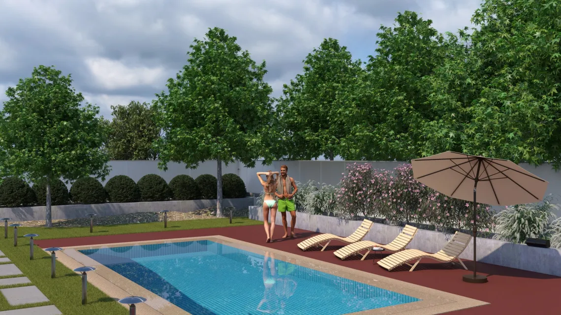 Beispielhafte Verlegung für den Artikel 5236 von WARCO - Baldosa borde piscina sin juntas, Farbton Rojo coral in der Abmessung 306 x 306 x 30 mm.