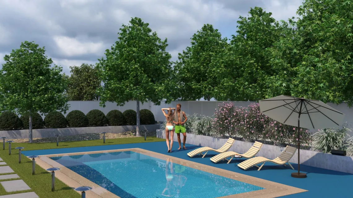 Beispielhafte Verlegung für den Artikel 5237 von WARCO - Baldosa borde piscina sin juntas, Farbton Azul cielo in der Abmessung 306 x 306 x 30 mm.