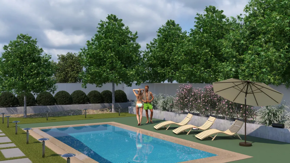 Beispielhafte Verlegung für den Artikel 5239 von WARCO - Baldosa borde piscina sin juntas, Farbton Verde pálido in der Abmessung 306 x 306 x 30 mm.