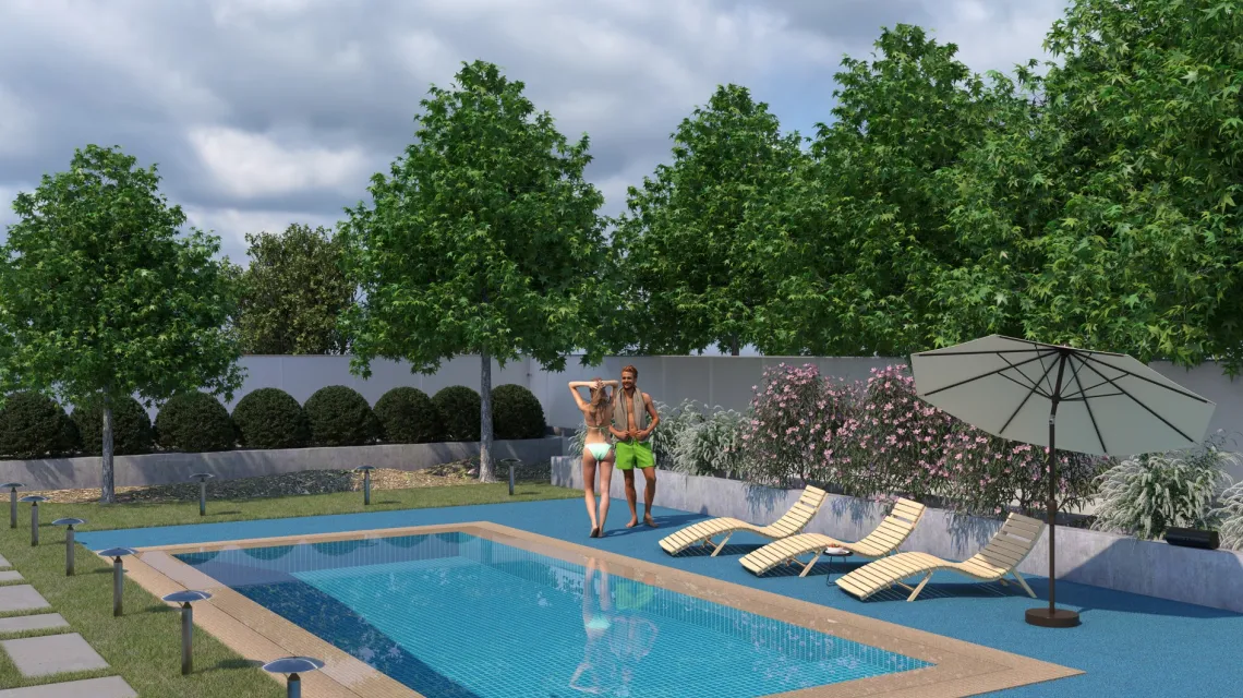 Beispielhafte Verlegung für den Artikel 5419 von WARCO - Baldosa borde piscina sin juntas, Farbton Atlántico in der Abmessung 306 x 306 x 30 mm.