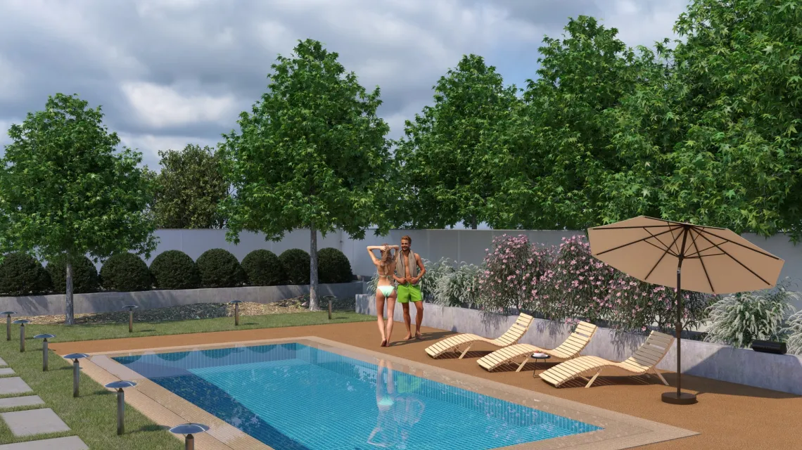 Beispielhafte Verlegung für den Artikel 6107 von WARCO - Baldosa borde piscina sin juntas, Farbton Terracota in der Abmessung 306 x 306 x 30 mm.