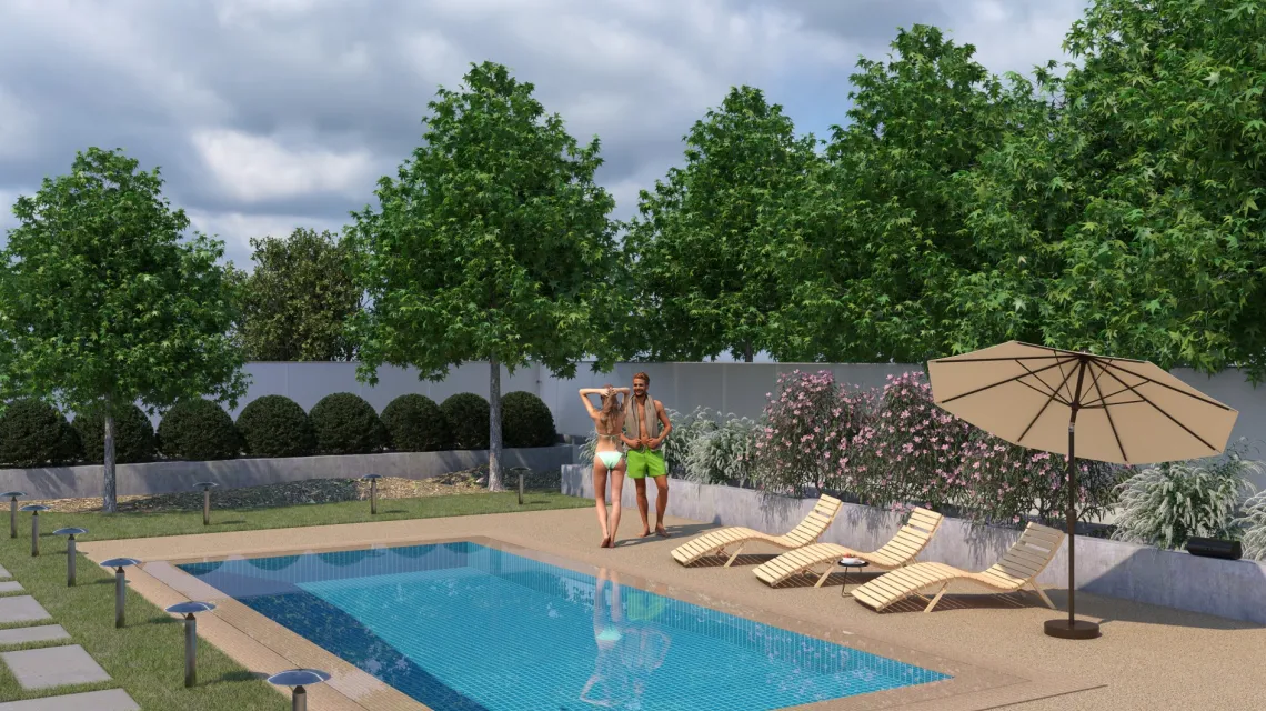Beispielhafte Verlegung für den Artikel 6108 von WARCO - Baldosa borde piscina sin juntas, Farbton Travertino in der Abmessung 306 x 306 x 30 mm.