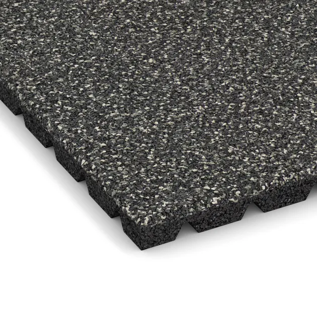 Detailaufnahme der Randausprägung von WARCO-Produkt 5490, Loseta de caucho para parques infantiles 3 cm - EN 1177 ≤ 100 cm, Format 500 x 500 x 30 mm, Farbe Granito oscuro.