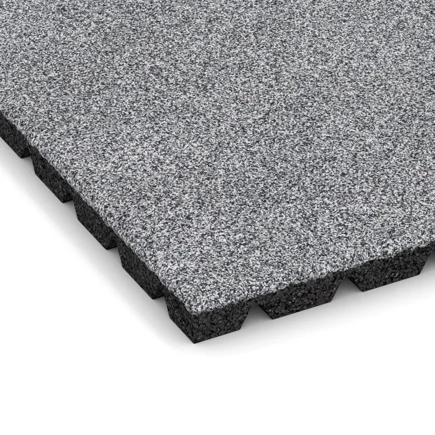 Detailaufnahme der Randausprägung von WARCO-Produkt 5476, Loseta de caucho para parques infantiles 3 cm - EN 1177 ≤ 100 cm, Format 500 x 500 x 30 mm, Farbe Gris jaspeado.