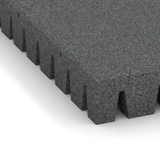 Detailaufnahme der Randausprägung von WARCO-Produkt 0861, Pavimento antitrauma infantil, Format 1000 x 1000 x 80 mm, Farbe Gris pizarra.