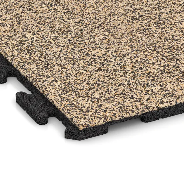 Detailaufnahme der Randausprägung von WARCO-Produkt 1606, Pavimento Fitness Baldosas de Goma Classic, Format 1000 x 1000 x 30 mm, Farbe Travertino.