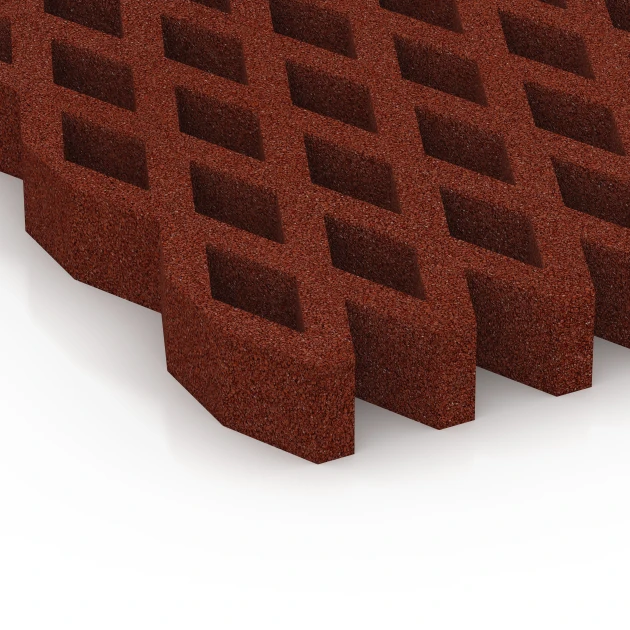 Detailaufnahme der Randausprägung von WARCO-Produkt 7013, Rejilla amortiguadora césped, Format 100 × 100 × 8 cm, Farbe Rojo ladrillo.