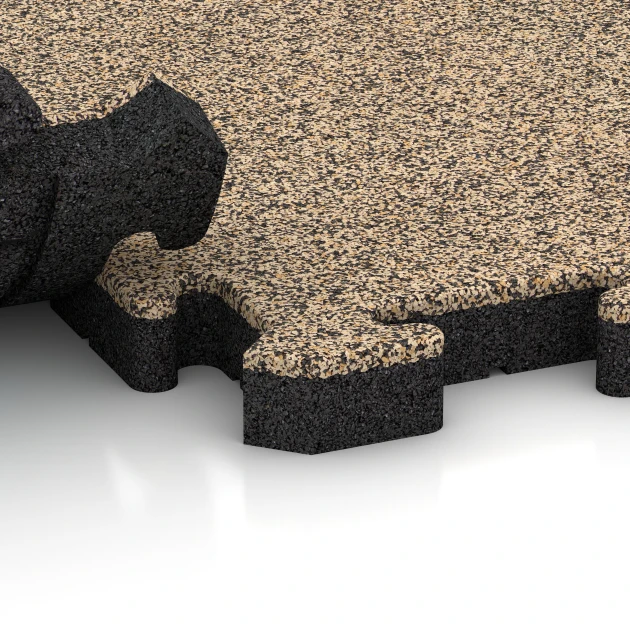 Großaufnahme vom Verbindungssystem von WARCO-Boden 2856 - Loseta anticaída tipo puzzle im Farbdesign Travertino. Abmessungen 50 x 50 x 4 cm | 0,25 m².