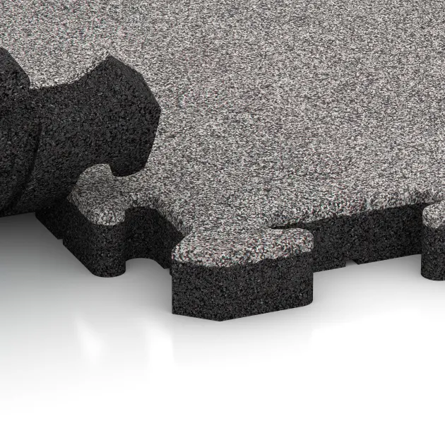 Großaufnahme vom Verbindungssystem von WARCO-Boden 4555 - Esterilla Protectora Fitness HD im Farbdesign Gris jaspeado. Abmessungen 500 x 500 x 40 mm.