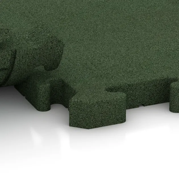 Großaufnahme vom Verbindungssystem von WARCO-Boden 3483 - Esterilla Protectora Fitness HD im Farbdesign Verde hierba. Abmessungen 1000 x 1000 x 40 mm.