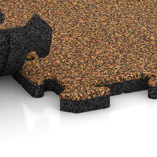 Großaufnahme vom Verbindungssystem von WARCO-Boden 3230 - Esterilla Protectora Fitness HD im Farbdesign Terracota. Abmessungen 1000 x 1000 x 30 mm.