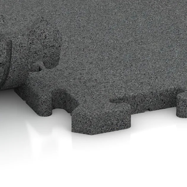 Großaufnahme vom Verbindungssystem von WARCO-Boden 3327 - Playground flooring im Farbdesign Gris pizarra. Abmessungen 1000 x 1000 x 30 mm.