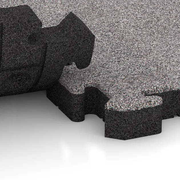 Großaufnahme vom Verbindungssystem von WARCO-Boden 4560 - Esterilla Protectora Fitness im Farbdesign Gris jaspeado. Abmessungen 500 x 500 x 50 mm.