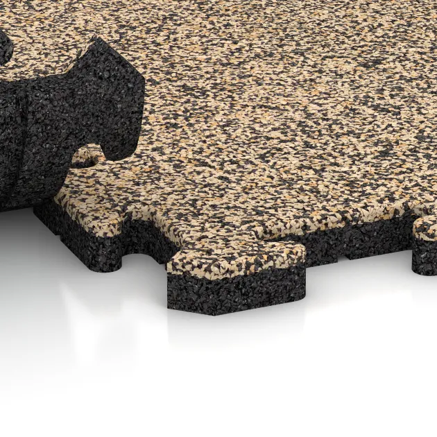 Großaufnahme vom Verbindungssystem von WARCO-Boden 5054 - Loseta de esquina HD im Farbdesign Travertino. Abmessungen 485 x 485 x 30 mm.