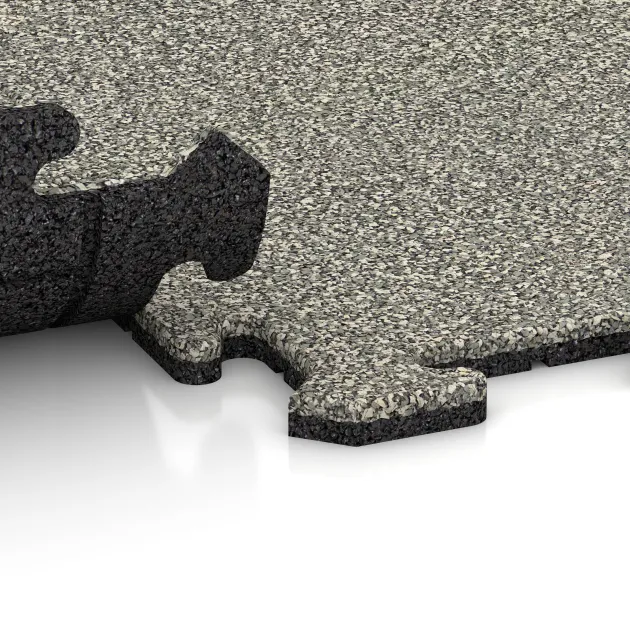 Großaufnahme vom Verbindungssystem von WARCO-Boden 0316 - Esterilla de fitness 18 mm im Farbdesign Granito claro. Abmessungen 1000 x 1000 x 18 mm.