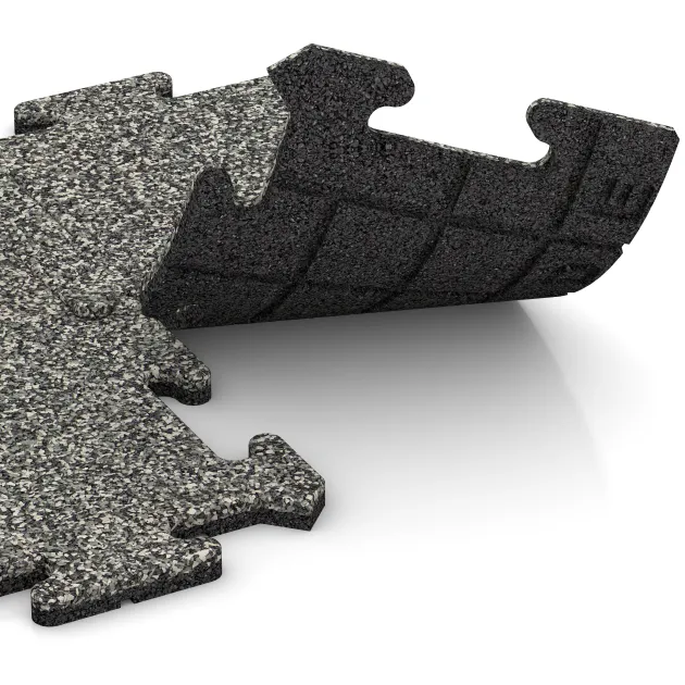 Großaufnahme vom Verbindungssystem von WARCO-Boden 4725 - Loseta de borde HD im Farbdesign Granito clásico. Abmessungen 500 x 235 x 18 mm.