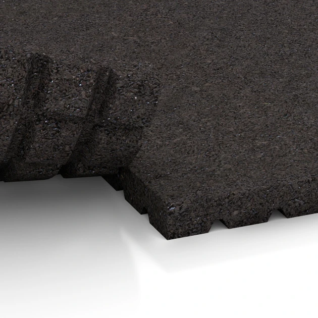 Großaufnahme vom Verbindungssystem von WARCO-Boden 3640 - Alfombra de establo HD im Farbdesign Antracita. Abmessungen 100 x 100 x 4 cm.