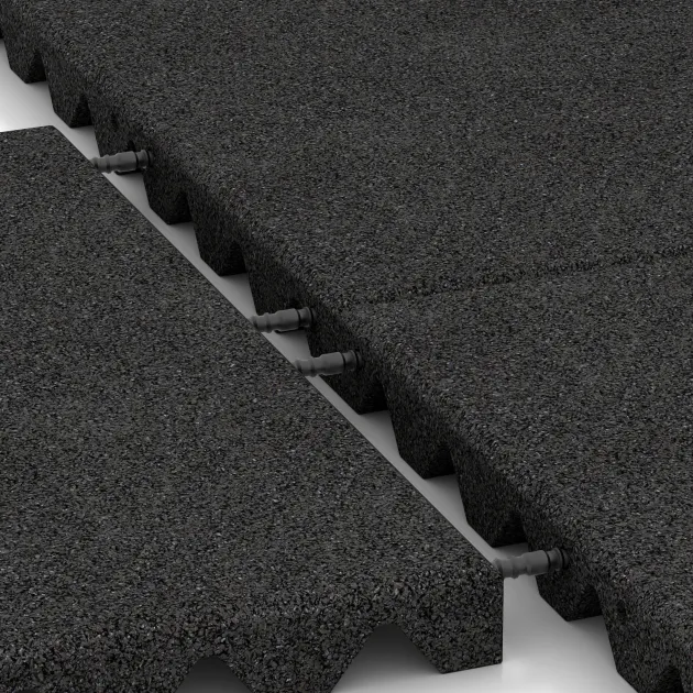 Großaufnahme vom Verbindungssystem von WARCO-Boden 0622 - Loseta de caucho para parques infantiles im Farbdesign Antracita. Abmessungen 500 x 500 x 40 mm.