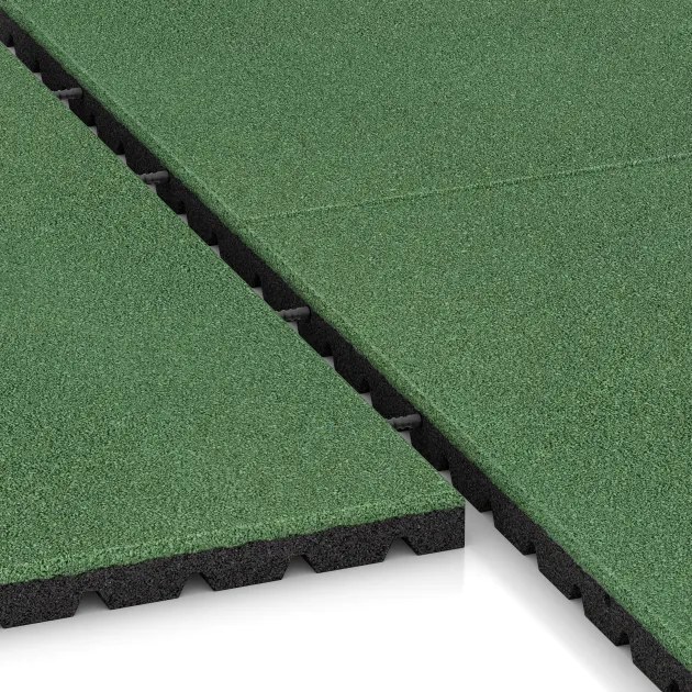 Großaufnahme vom Verbindungssystem von WARCO-Boden 0771 - Pavimento antitrauma infantil im Farbdesign Verde pálido. Abmessungen 1000 x 1000 x 40 mm.