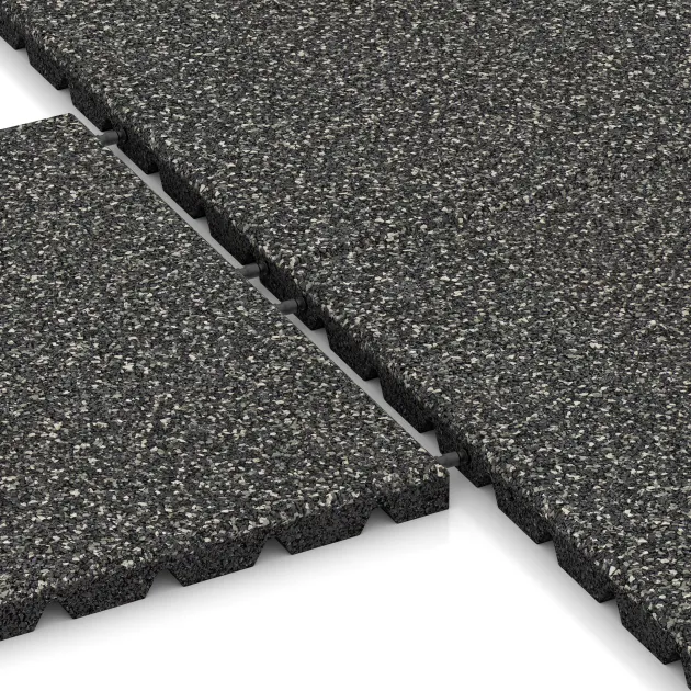 Großaufnahme vom Verbindungssystem von WARCO-Boden 5490 - Loseta de caucho para parques infantiles 3 cm - EN 1177 ≤ 100 cm im Farbdesign Granito oscuro. Abmessungen 500 x 500 x 30 mm.