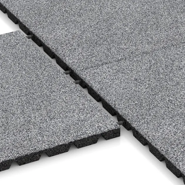 Großaufnahme vom Verbindungssystem von WARCO-Boden 5476 - Loseta de caucho para parques infantiles 3 cm - EN 1177 ≤ 100 cm im Farbdesign Gris jaspeado. Abmessungen 500 x 500 x 30 mm.