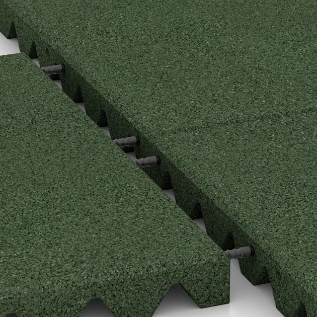 Großaufnahme vom Verbindungssystem von WARCO-Boden 5526 - Losetas de caucho para parques infantiles 4,5 cm - EN 1177 ≤ 140 cm im Farbdesign Verde hierba. Abmessungen 500 x 500 x 45 mm.