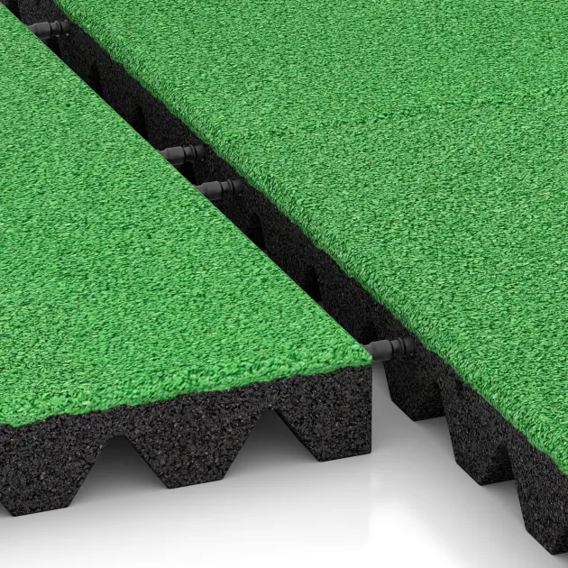 Großaufnahme vom Verbindungssystem von WARCO-Boden 5568 - Loseta de caucho para parques infantiles 5 cm - EN 1177 ≤ 145 cm im Farbdesign Verde primavera. Abmessungen 500 x 500 x 50 mm.