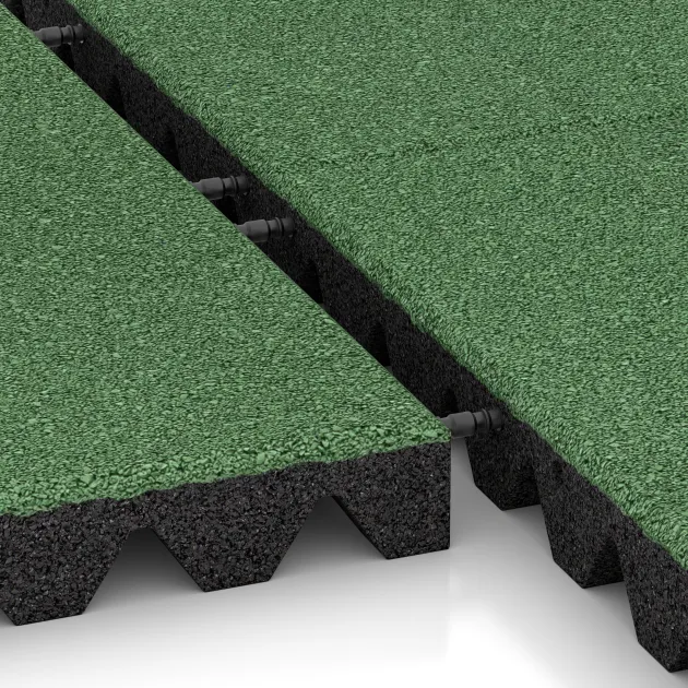 Großaufnahme vom Verbindungssystem von WARCO-Boden 5570 - Loseta de caucho para parques infantiles 5 cm - EN 1177 ≤ 145 cm im Farbdesign Verde pálido. Abmessungen 500 x 500 x 50 mm.