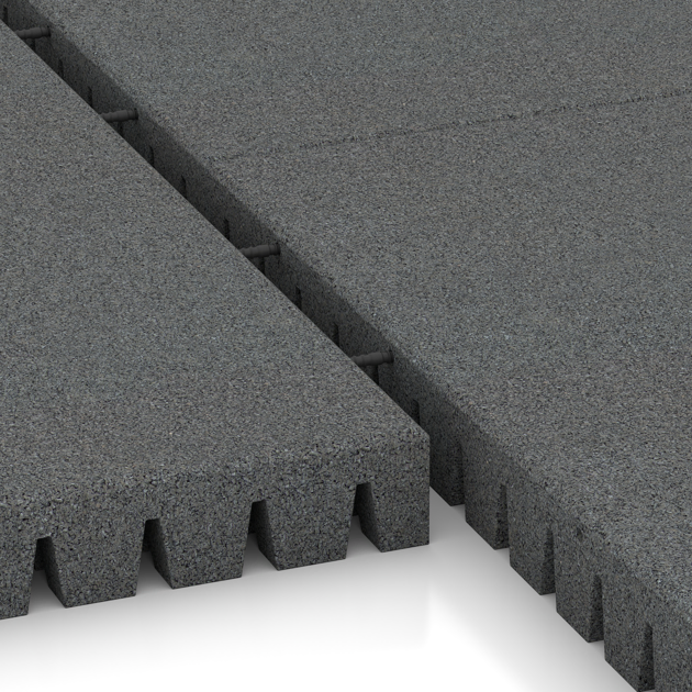 Großaufnahme vom Verbindungssystem von WARCO-Boden 0861 - Pavimento antitrauma infantil im Farbdesign Gris pizarra. Abmessungen 1000 x 1000 x 80 mm.
