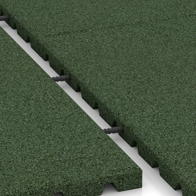 Großaufnahme vom Verbindungssystem von WARCO-Boden 0752 - Panel antichoques – panel mural amortiguador im Farbdesign Verde hierba. Abmessungen 1000 x 1000 x 30 mm.