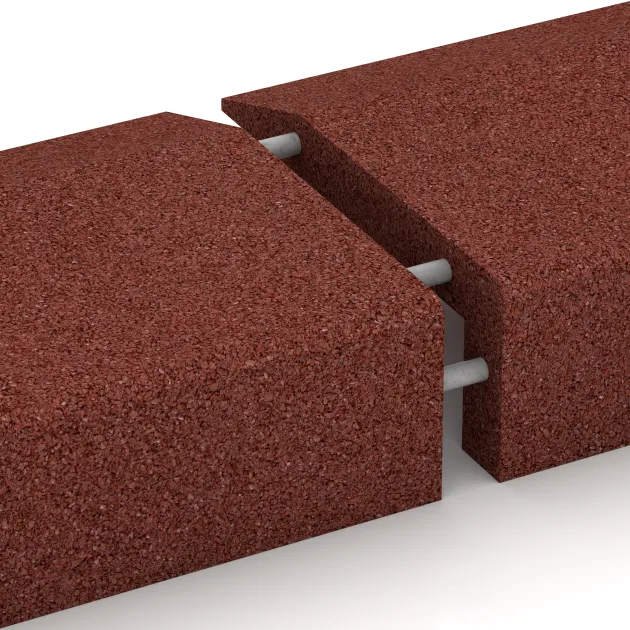 Großaufnahme vom Verbindungssystem von WARCO-Boden 2606 - Borde de caucho en forma de L im Farbdesign Rojo ladrillo. Abmessungen 1000 x 400 x 150 x 50 mm.