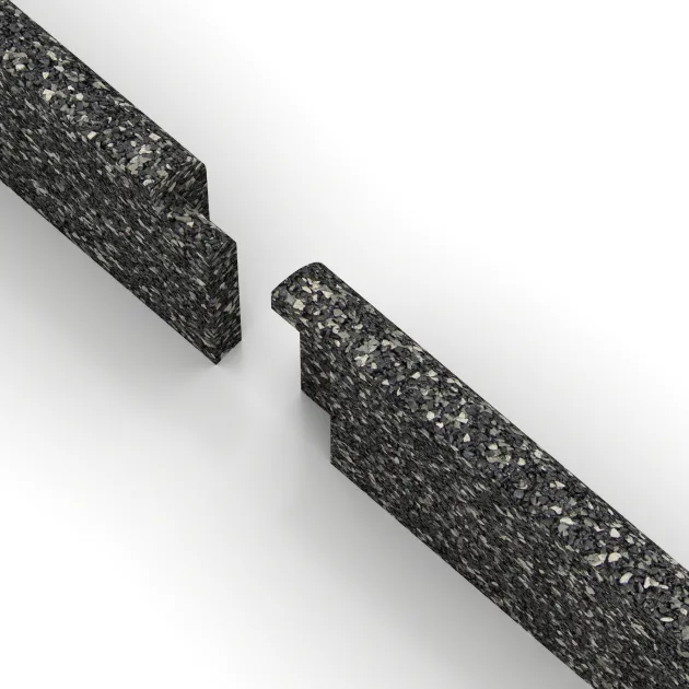 Großaufnahme vom Verbindungssystem von WARCO-Boden 2260 - Rodapié im Farbdesign Granito oscuro. Abmessungen 750 x 80 x 20 mm.