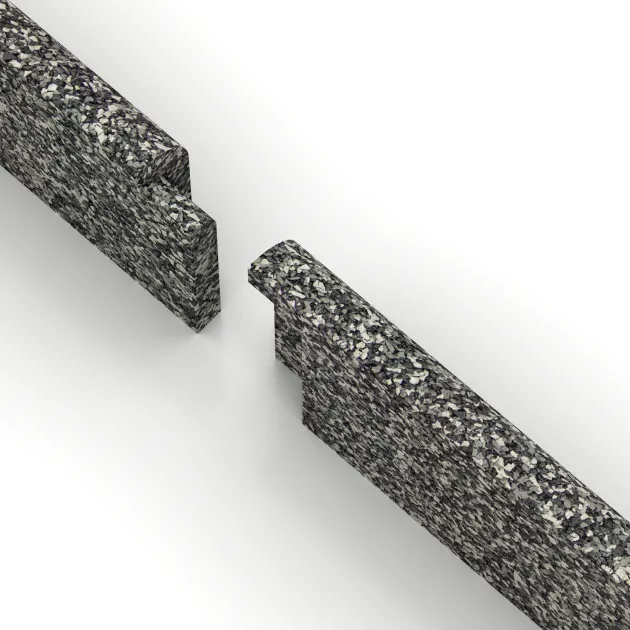 Großaufnahme vom Verbindungssystem von WARCO-Boden 2257 - Rodapié im Farbdesign Granito clásico. Abmessungen 750 x 80 x 20 mm.