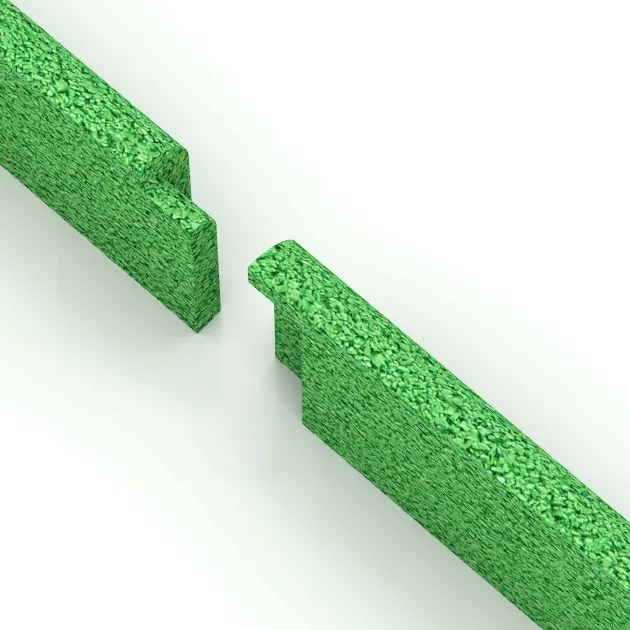 Großaufnahme vom Verbindungssystem von WARCO-Boden 4289 - Rodapié im Farbdesign Verde primavera. Abmessungen 750 x 80 x 20 mm.