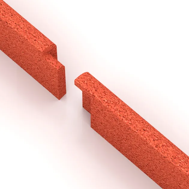 Großaufnahme vom Verbindungssystem von WARCO-Boden 4285 - Rodapié im Farbdesign Rojo claro anaranjado. Abmessungen 750 x 80 x 20 mm.