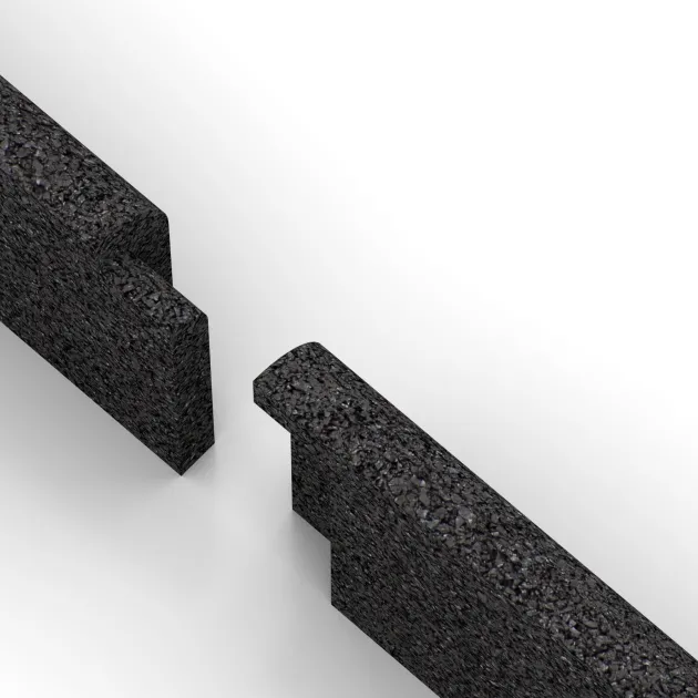 Großaufnahme vom Verbindungssystem von WARCO-Boden 2263 - Rodapié im Farbdesign Antracita. Abmessungen 750 x 80 x 20 mm.