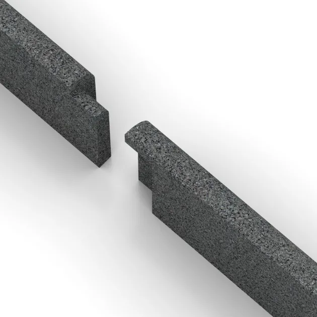 Großaufnahme vom Verbindungssystem von WARCO-Boden 2266 - Rodapié im Farbdesign Gris pizarra. Abmessungen 750 x 80 x 20 mm.