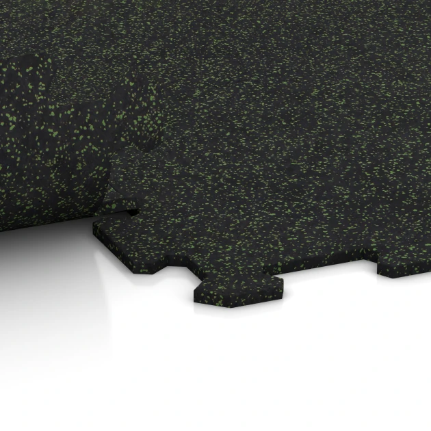 Großaufnahme vom Verbindungssystem von WARCO-Boden 1058 - Suelo de Fitness Compacto im Farbdesign Verde ligeramente moteado. Abmessungen 970 x 970 x 8 mm | 0,94 m.