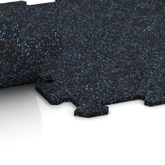 Großaufnahme vom Verbindungssystem von WARCO-Boden 0917 - Suelo de Fitness Compacto im Farbdesign Azul ligeramente moteado. Abmessungen 485 x 485 x 8 mm | 0,235 m².